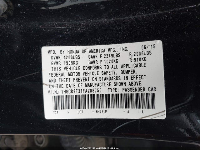 Продаж на аукціоні авто 2015 Honda Accord Lx, vin: 1HGCR2F31FA208750, номер лоту: 44772289