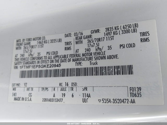 2016 Ford F-150 Xl მანქანა იყიდება აუქციონზე, vin: 1FTMF1EP5GKE20945, აუქციონის ნომერი: 44772307