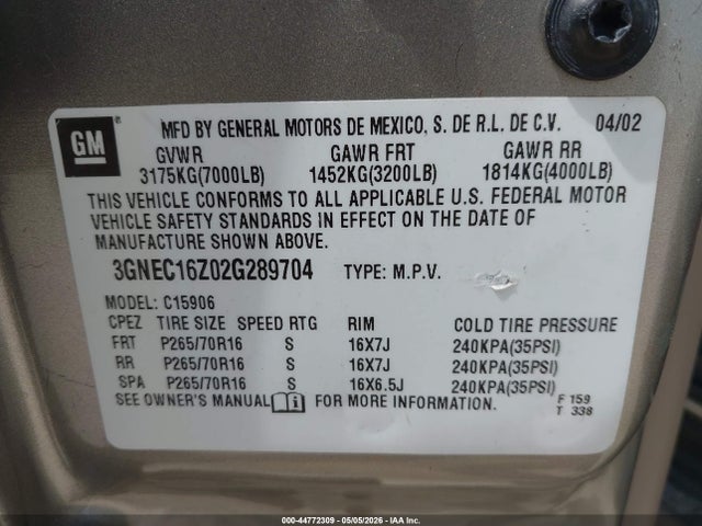 Продажа на аукционе авто 2002 Chevrolet Suburban 1500 Ls, vin: 3GNEC16Z02G289704, номер лота: 44772309