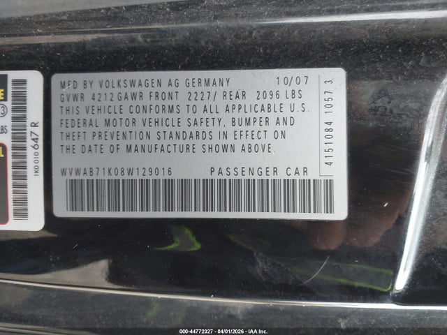 2008 Volkswagen Rabbit S მანქანა იყიდება აუქციონზე, vin: WVWAB71K08W129016, აუქციონის ნომერი: 44772327