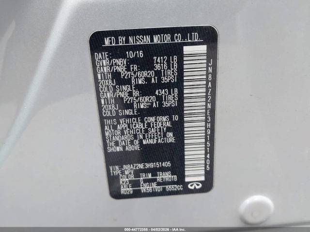 44772355 :رقم المزاد ، JN8AZ2NE3H9151405 vin ، 2017 Infiniti Qx80 مزاد بيع