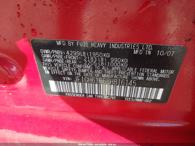 Aukcja sprzedaży 2008 Subaru Impreza 2.5i, vin: JF1GH61668H816145, numer aukcji: 44772362