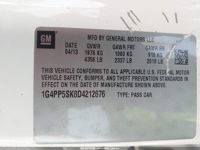 2013 Buick Verano მანქანა იყიდება აუქციონზე, vin: 1G4PP5SK8D4212676, აუქციონის ნომერი: 44772398