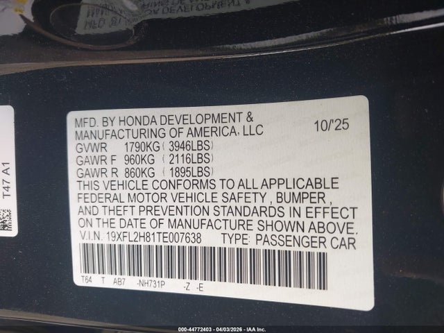 Продаж на аукціоні авто 2026 Honda Civic Sport, vin: 19XFL2H81TE007638, номер лоту: 44772403