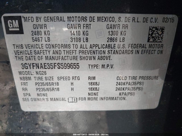 Продаж на аукціоні авто 2015 Cadillac Srx Standard, vin: 3GYFNAE35FS599655, номер лоту: 44772413
