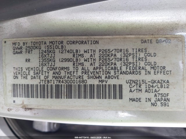 2003 TOYOTA 4RUNNER JTEBT17R430001680 Photo 8