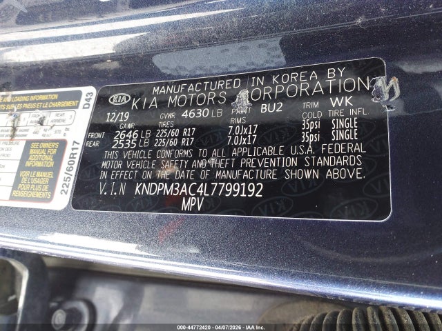 Продажа на аукционе авто 2020 Kia Sportage Lx, vin: KNDPM3AC4L7799192, номер лота: 44772420