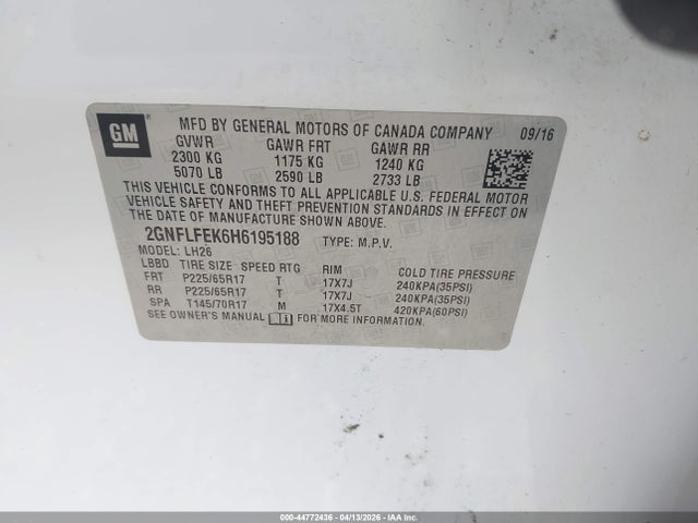 Aukcja sprzedaży 2017 Chevrolet Equinox Lt, vin: 2GNFLFEK6H6195188, numer aukcji: 44772436
