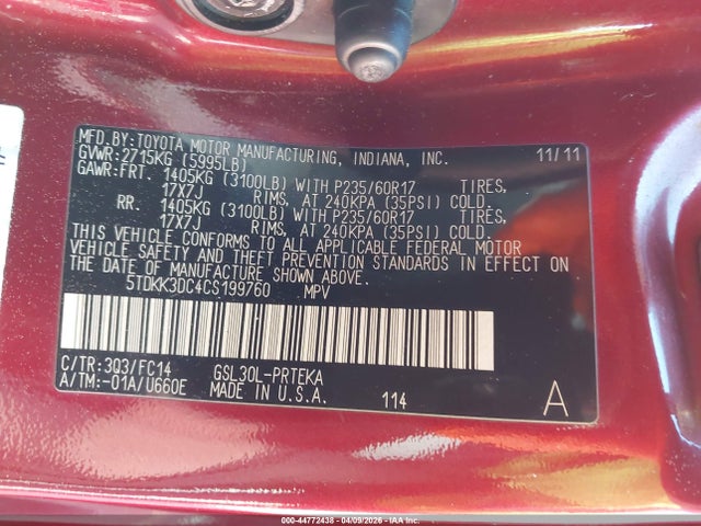 44772438 :رقم المزاد ، 5TDKK3DC4CS199760 vin ، 2012 Toyota Sienna Le V6 8 Passenger مزاد بيع
