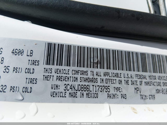 44772452 :رقم المزاد ، 3C4NJDBB6LT173795 vin ، 2020 Jeep Compass Altitude 4x4 مزاد بيع