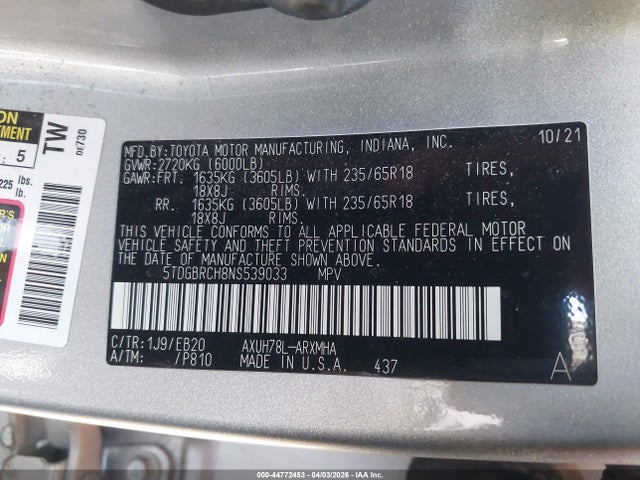 5TDGBRCH8NS539033 Toyota Highlander Hybrid Xle