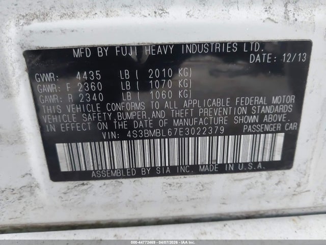 Продаж на аукціоні авто 2014 Subaru Legacy 2.5i Limited, vin: 4S3BMBL67E3022379, номер лоту: 44772469