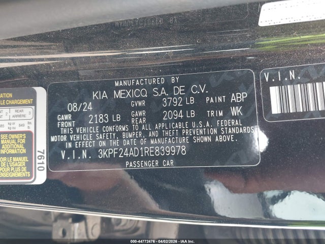 44772476 :رقم المزاد ، 3KPF24AD1RE839978 vin ، 2024 Kia Forte Lxs مزاد بيع