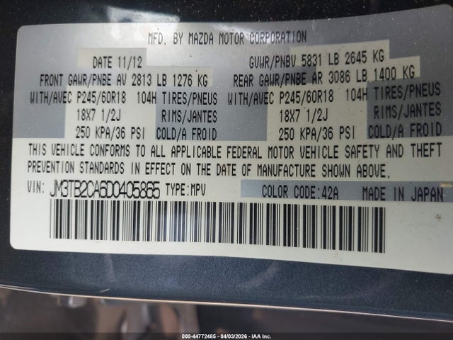 Aukcja sprzedaży 2013 Mazda Cx-9 Touring, vin: JM3TB2CA6D0405865, numer aukcji: 44772485