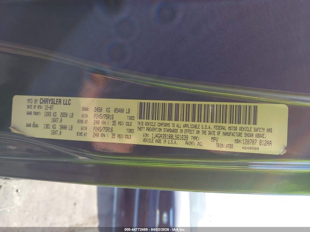 44772489 :رقم المزاد ، 1J4GA39188L561639 vin ، 2008 Jeep Wrangler Unlimited X مزاد بيع