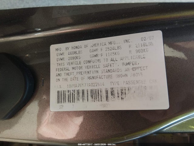 Aukcja sprzedaży 2007 Acura Tl Type S, vin: 19UUA76577A022514, numer aukcji: 44772517