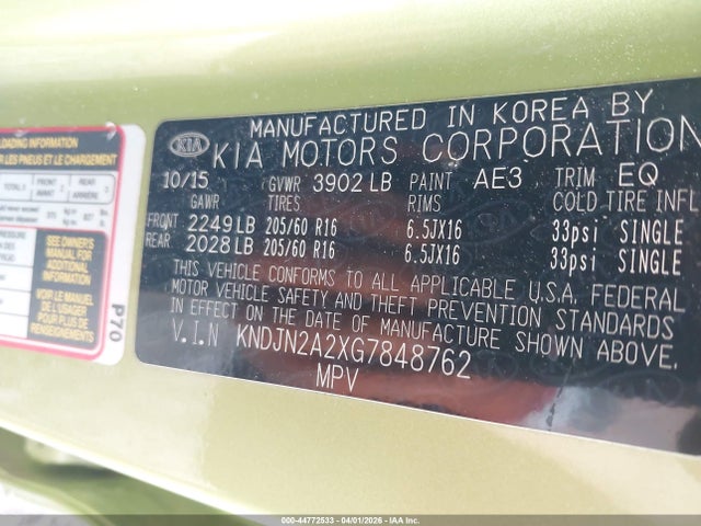 44772533 :رقم المزاد ، KNDJN2A2XG7848762 vin ، 2016 Kia Soul مزاد بيع