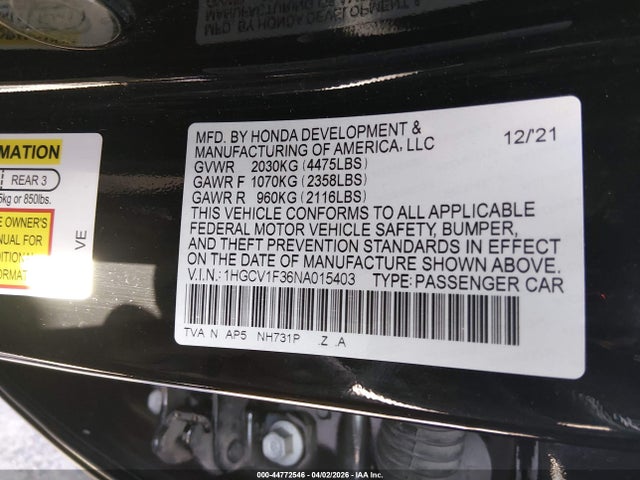 1HGCV1F36NA015403 Honda Accord Sport