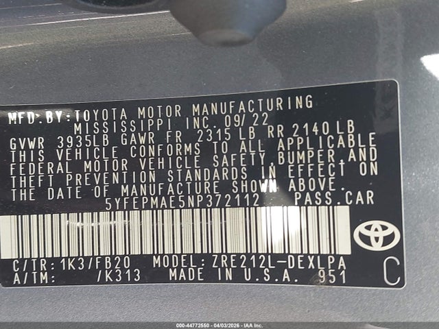 Aukcja sprzedaży 2022 Toyota Corolla Le, vin: 5YFEPMAE5NP372112, numer aukcji: 44772550