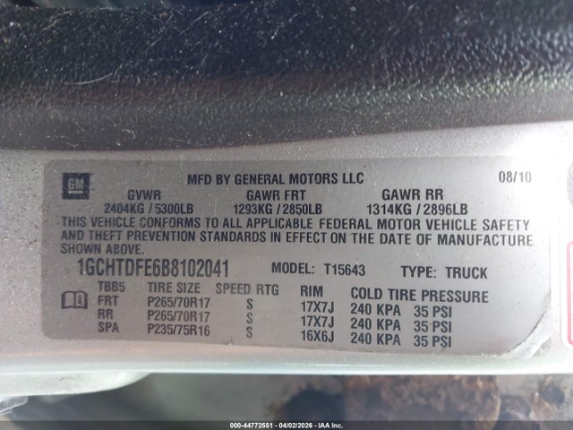 44772551 :رقم المزاد ، 1GCHTDFE6B8102041 vin ، 2011 Chevrolet Colorado 2lt مزاد بيع