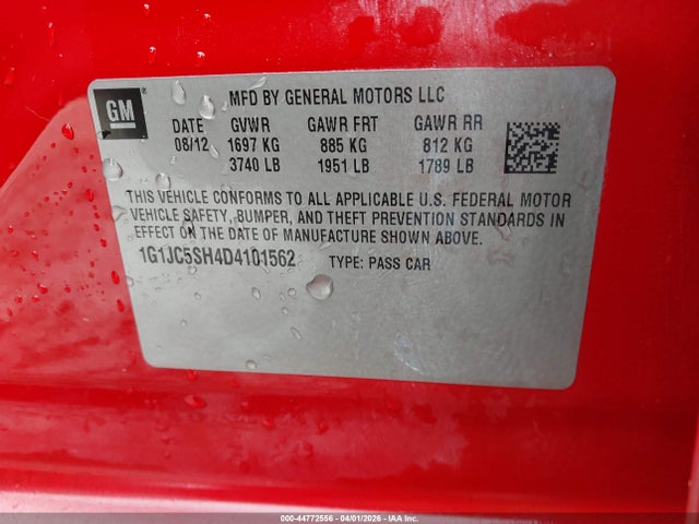Aukcja sprzedaży 2013 Chevrolet Sonic Lt Auto, vin: 1G1JC5SH4D4101562, numer aukcji: 44772556