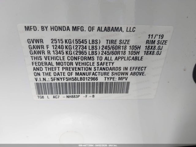 Honda Pilot 2wd Ex-l 2020 5FNYF5H58LB012966 Image 9
