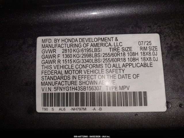 Продажа на аукционе авто 2025 Honda Pilot Ex-l, vin: 5FNYG1H43SB156307, номер лота: 44772565