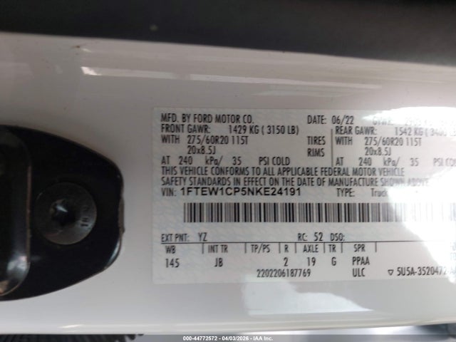 Aukcja sprzedaży 2022 Ford F-150 Xl, vin: 1FTEW1CP5NKE24191, numer aukcji: 44772572