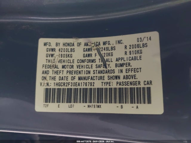 Honda ACCORD LX 2014 1HGCR2F30EA176792 Image 9