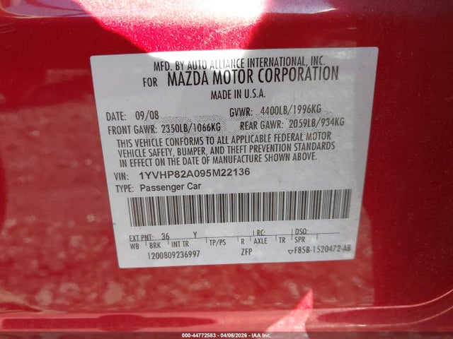 2009 Mazda Mazda6 I Touring მანქანა იყიდება აუქციონზე, vin: 1YVHP82A095M22136, აუქციონის ნომერი: 44772583