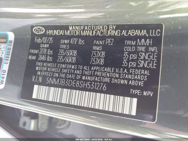 44772585 :رقم المزاد ، 5NMJB3DE8SH531276 vin ، 2025 Hyundai Tucson Sel مزاد بيع