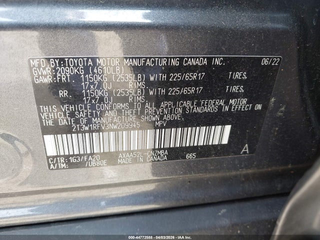 44772588 :رقم المزاد ، 2T3W1RFV3NW209945 vin ، 2022 Toyota Rav4 Xle مزاد بيع