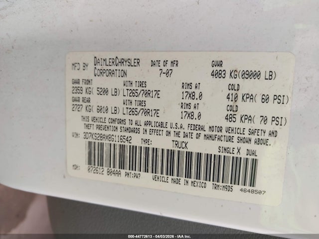Aukcja sprzedaży 2008 Dodge Ram 2500 Slt, vin: 3D7KS28AX8G116542, numer aukcji: 44772613