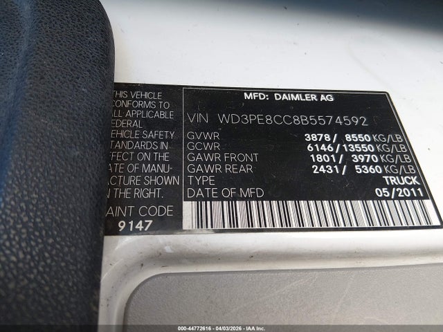 Aukcja sprzedaży 2011 Mercedes-benz Sprinter 2500 High Roof, vin: WD3PE8CC8B5574592, numer aukcji: 44772616