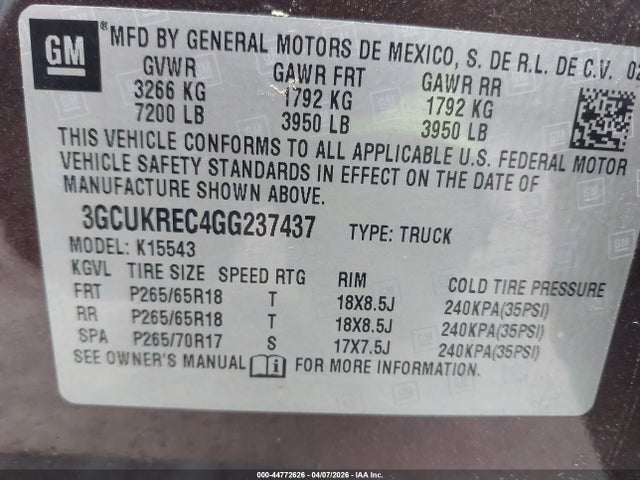 2016 Chevrolet Silverado 1500 2lt მანქანა იყიდება აუქციონზე, vin: 3GCUKREC4GG237437, აუქციონის ნომერი: 44772626