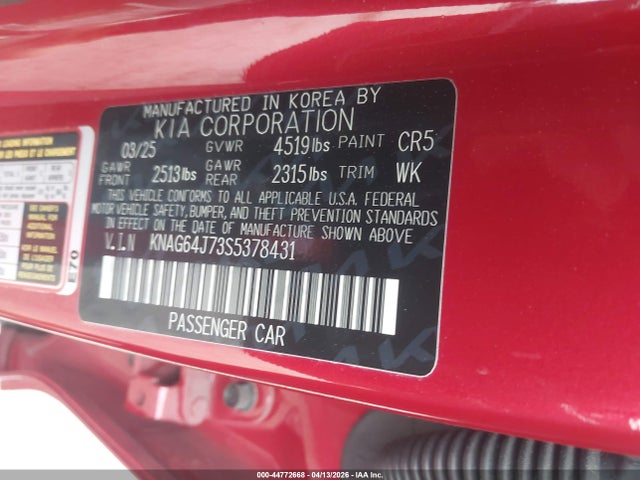 2025 Kia K5 Gt-line მანქანა იყიდება აუქციონზე, vin: KNAG64J73S5378431, აუქციონის ნომერი: 44772668