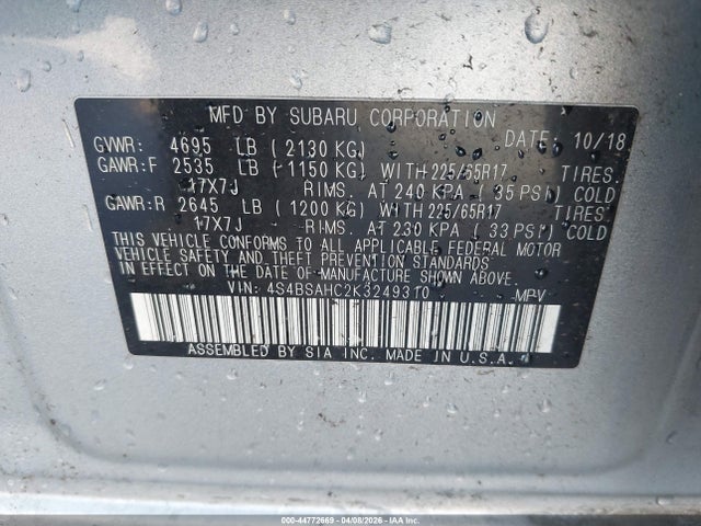 Продаж на аукціоні авто 2019 Subaru Outback 2.5i Premium, vin: 4S4BSAHC2K3249310, номер лоту: 44772669