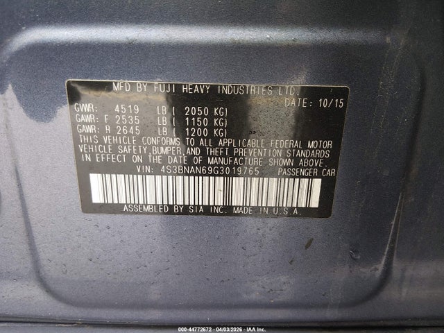 Aukcja sprzedaży 2016 Subaru Legacy 2.5i Limited, vin: 4S3BNAN69G3019765, numer aukcji: 44772672