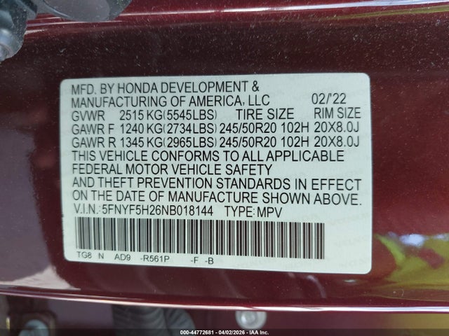 2022 Honda Pilot 2wd Special Edition მანქანა იყიდება აუქციონზე, vin: 5FNYF5H26NB018144, აუქციონის ნომერი: 44772681