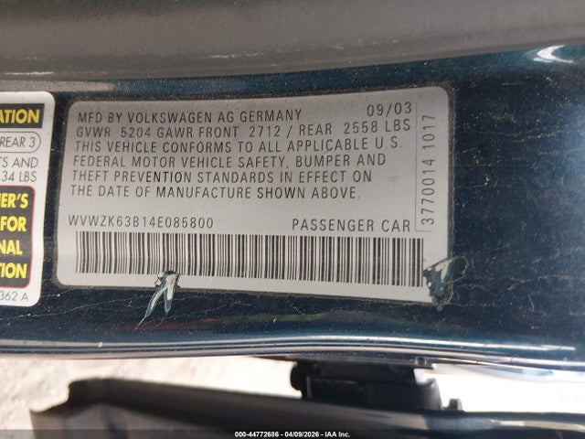 Aukcja sprzedaży 2004 Volkswagen Passat W8, vin: WVWZK63B14E085800, numer aukcji: 44772686
