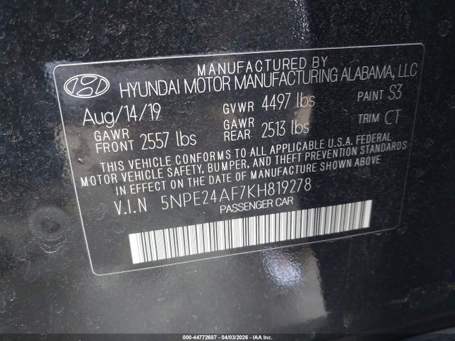 Aukcja sprzedaży 2019 Hyundai Sonata Se, vin: 5NPE24AF7KH819278, numer aukcji: 44772687