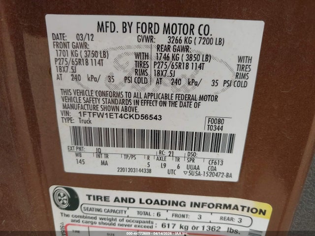 2012 FORD F-150 1FTFW1ET4CKD56543 Photo 8