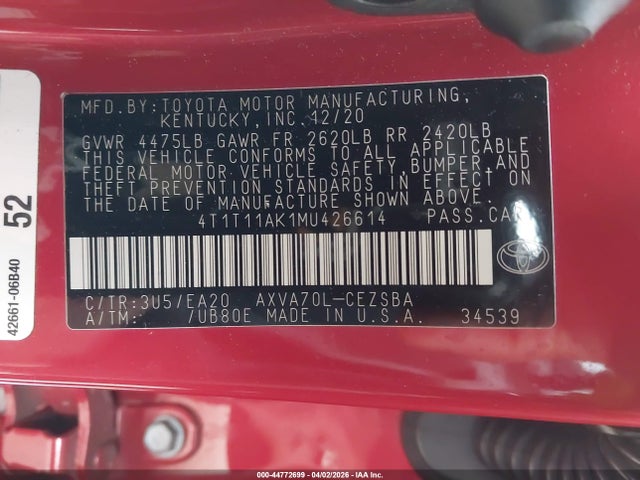 4T1T11AK1MU426614 Toyota CAMRY SE
