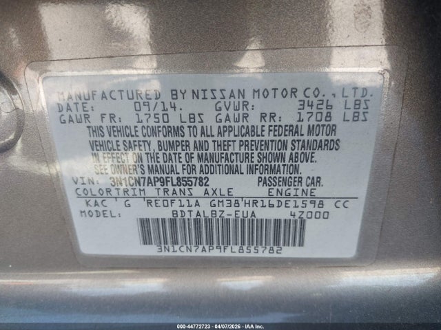 3N1CN7AP9FL855782 Nissan Versa 1.6 Sv