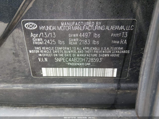 44772730 :رقم المزاد ، 5NPEC4AB2DH728593 vin ، 2013 Hyundai Sonata Se 2.0t مزاد بيع