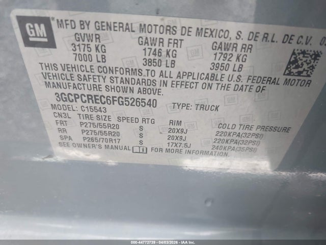 3GCPCREC6FG526540 Chevrolet Silverado 1500 1lt