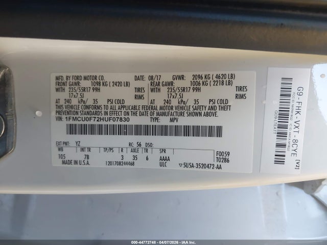 1FMCU0F72HUF07830 Ford ESCAPE S