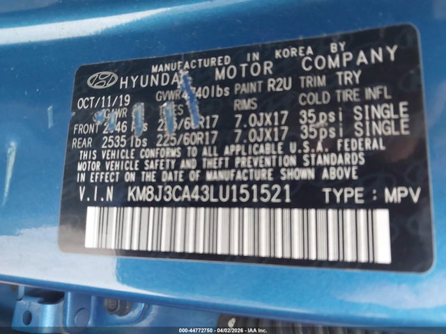 2020 Hyundai Tucson Value მანქანა იყიდება აუქციონზე, vin: KM8J3CA43LU151521, აუქციონის ნომერი: 44772750