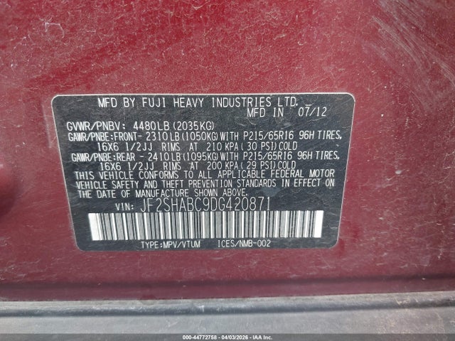 Aukcja sprzedaży 2013 Subaru Forester 2.5x, vin: JF2SHABC9DG420871, numer aukcji: 44772758