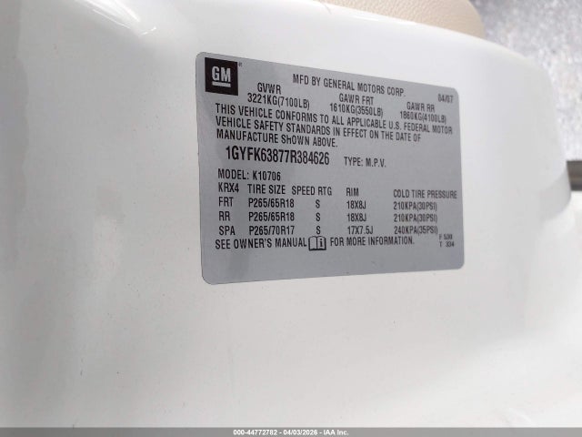 Продаж на аукціоні авто 2007 Cadillac Escalade Standard, vin: 1GYFK63877R384626, номер лоту: 44772782